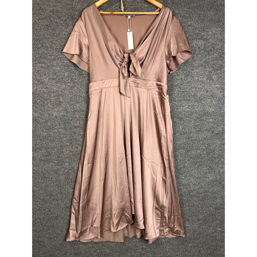 NEW Baltic Born Midi Dress XXL Mauve Satin Tie Front Short Sleeve Smocked